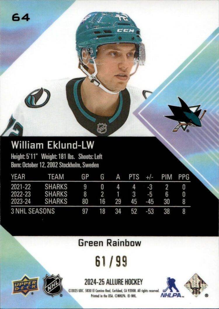 2024-25 Upper Deck Allure Hockey - Base - Green Rainbow :99 #64 William Eklund - San Jose Sharks - B
