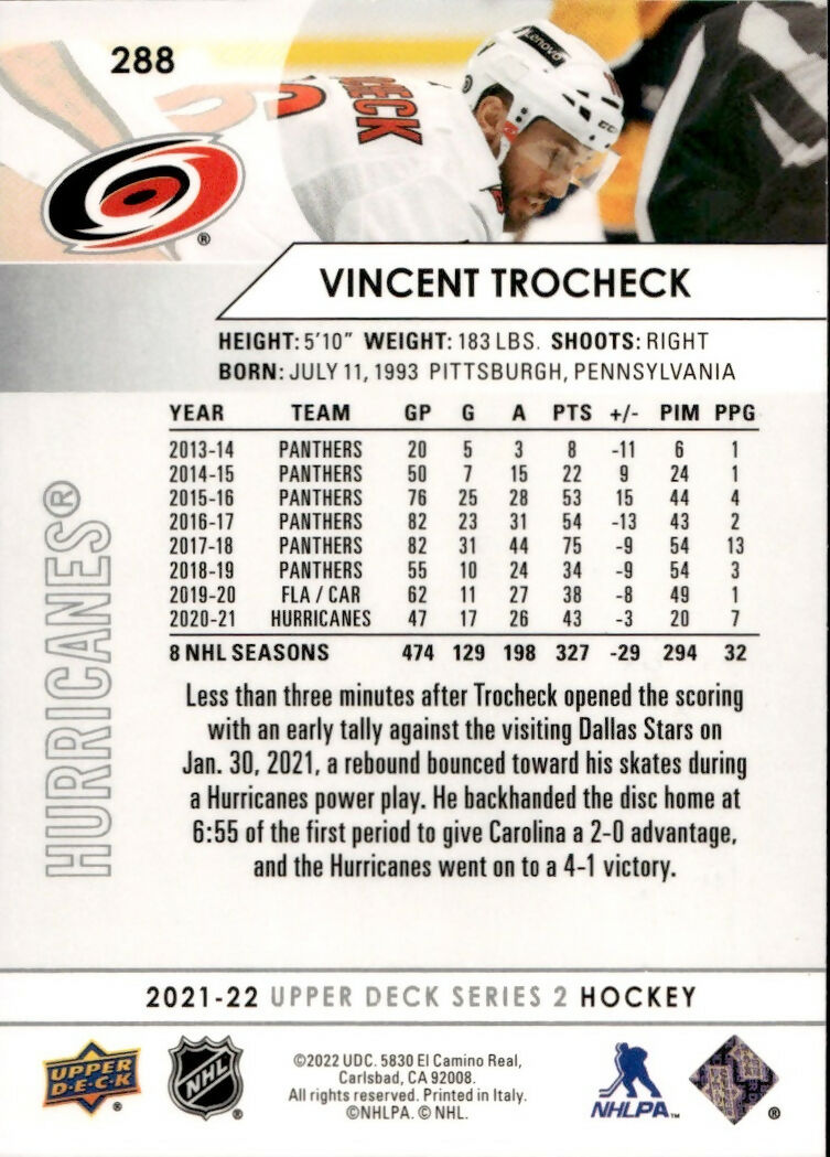 2021-22 Upper Deck Series 2 Hockey - Base #288 Vincent Trocheck - Carolina Hurricanes - B