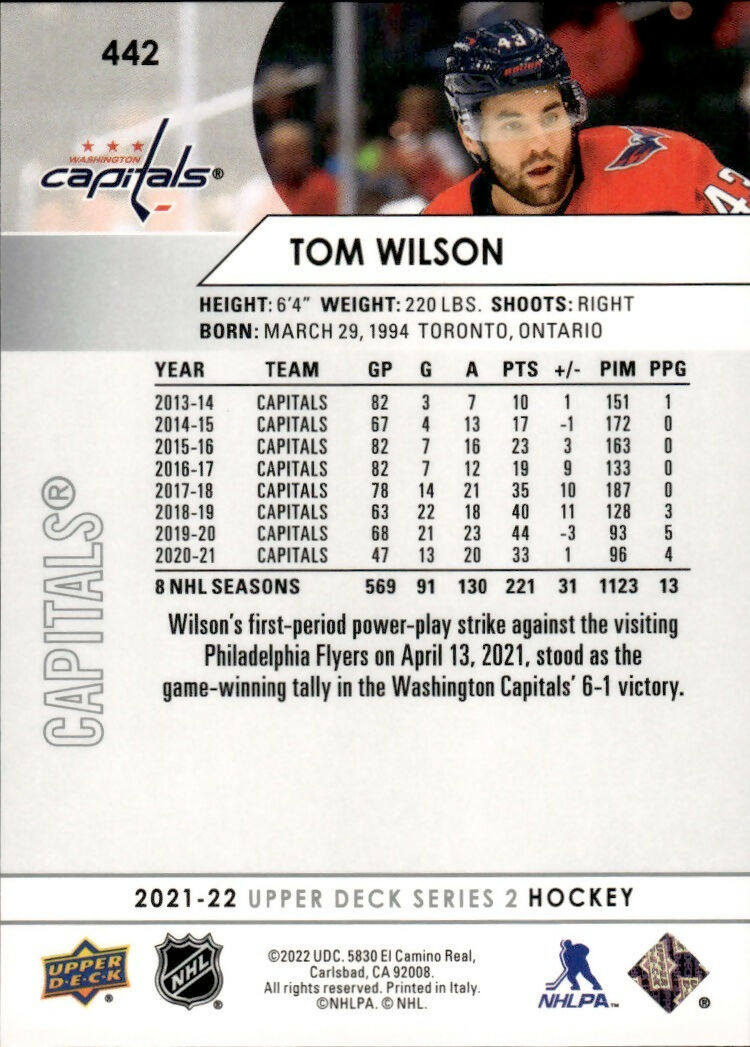 2021-22 Upper Deck Series 2 Hockey - Base #442 Tom Wilson - Washington Capitals - B