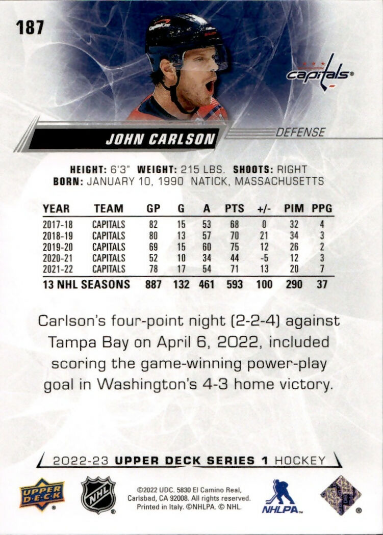 2022-23 Upper Deck Series 1 Hockey - Base #187 John Carlson - Washington Capitals - B