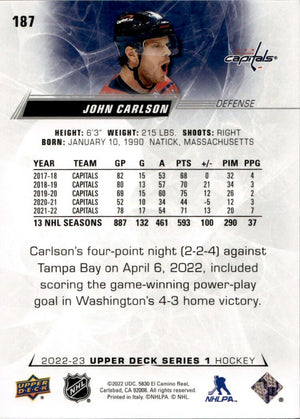 2022-23 Upper Deck Series 1 Hockey - Base #187 John Carlson - Washington Capitals - B
