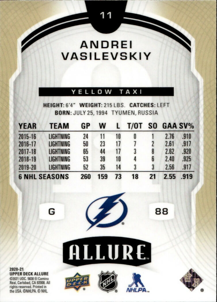 2020-21 Upper Deck Allure Hockey - Base - Yellow Taxi #11 Andrei Vasilevskiy - Tampa Bay Lightning - B