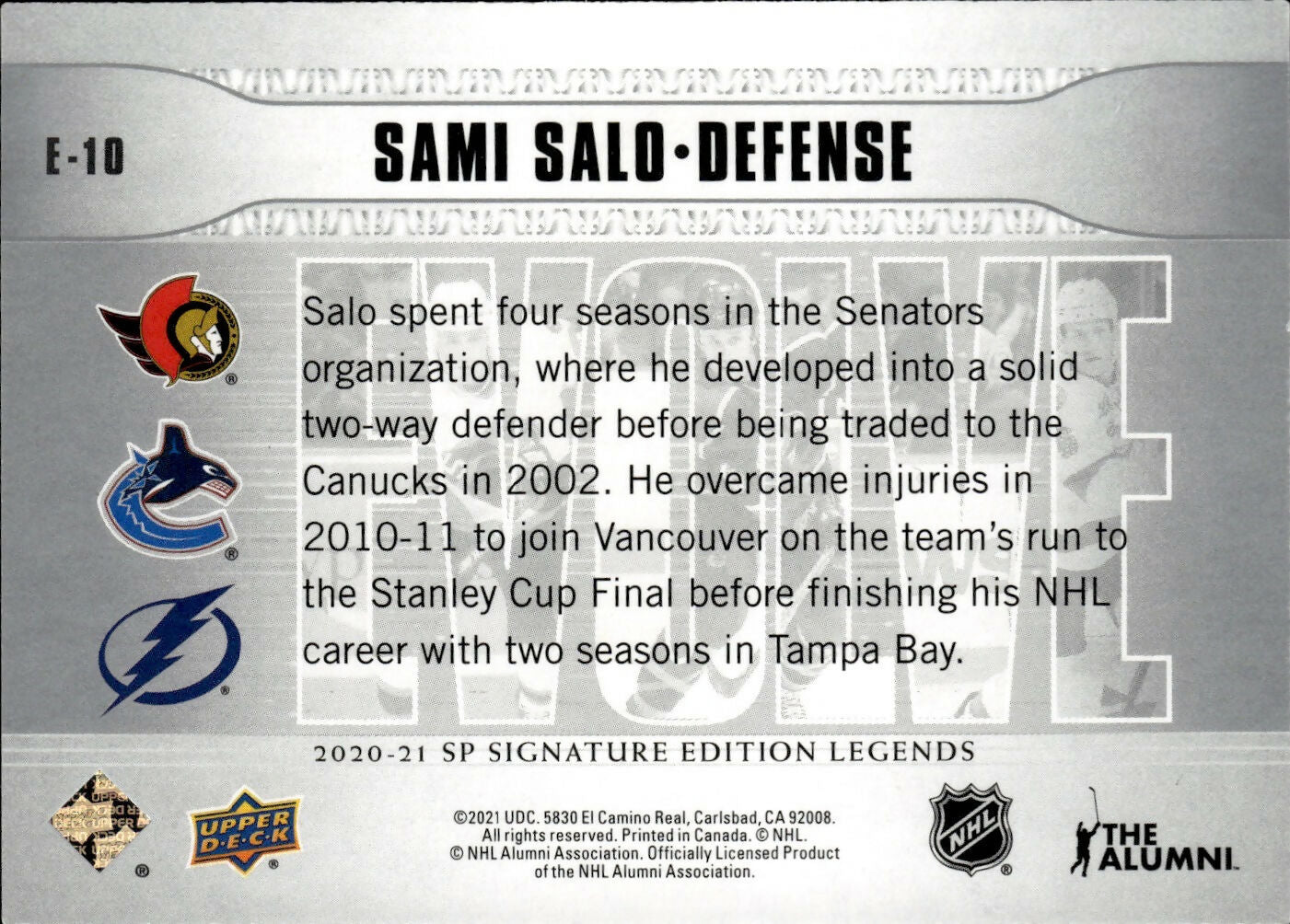 2020-21 Upper Deck Signature Edition Legends Hockey - Evolve #E-10 Sami Salo - Ottawa Senators - Vancouver Canucks - Tampa Bay Lightning