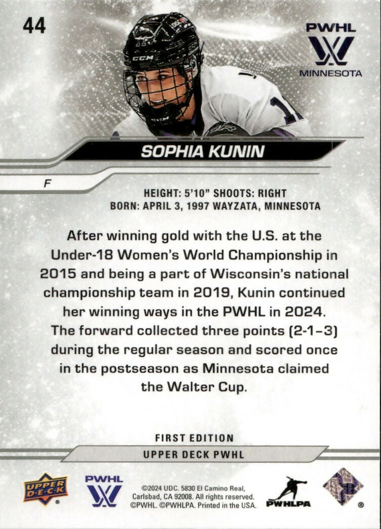 2024-25 Upper Deck PWHL Hockey - Base #44 Sophia Kunin - Minnesota Frost - B