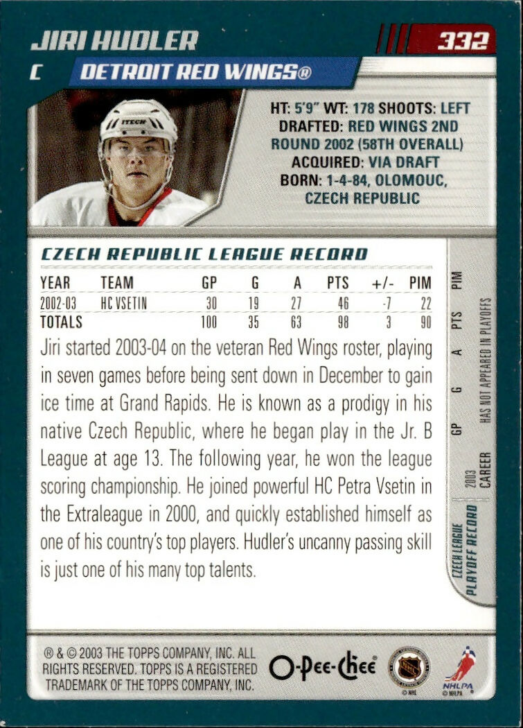 2003-04 O-Pee-Chee - Base #332 Jiri Hudler - Detroit Red Wings - B