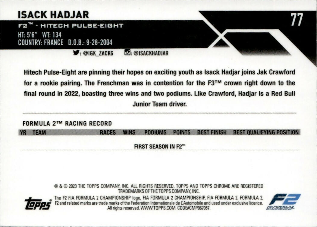 2023 Topps Chrome Formula 1 Base #77 - F2 Drivers Isack Hadjar - F2 Htech Pulse-Eight - B
