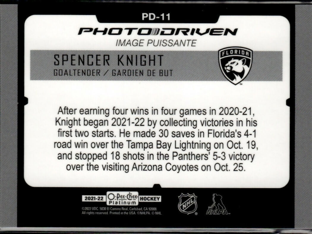 2021-22 Upper Deck O-Pee-Chee Platinum Hockey - Photo Driven #PD-11 Spencer Knight - Florida Panthers - B