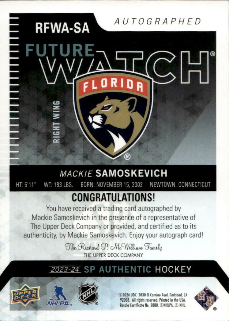 2023-24 Upper Deck SP Authentic Hockey - 2013-14 Retro Autographed Future Watch #RFWA-SA Mackie Samoskevich - Florida Panthers - B