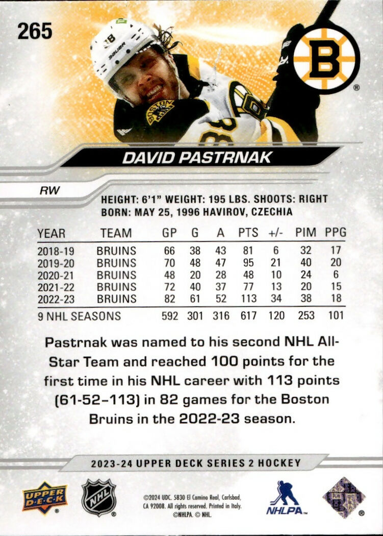 2023-24 Upper Deck Series 2 Hockey - Base #265 David Pastrnak - Boston Bruins - B