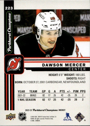 2022-23 Upper Deck Parkhurst Champions - Base #223 Dawson Mercer - New Jersey Devils - B