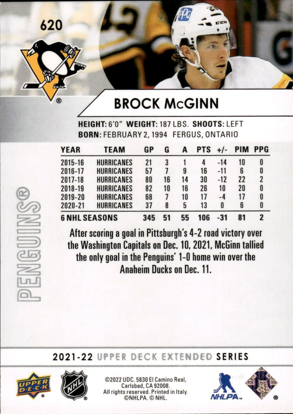 2021-22 Upper Deck Extended Series Hockey - Base #620 Brock McGinn - Pittsburgh Penguins