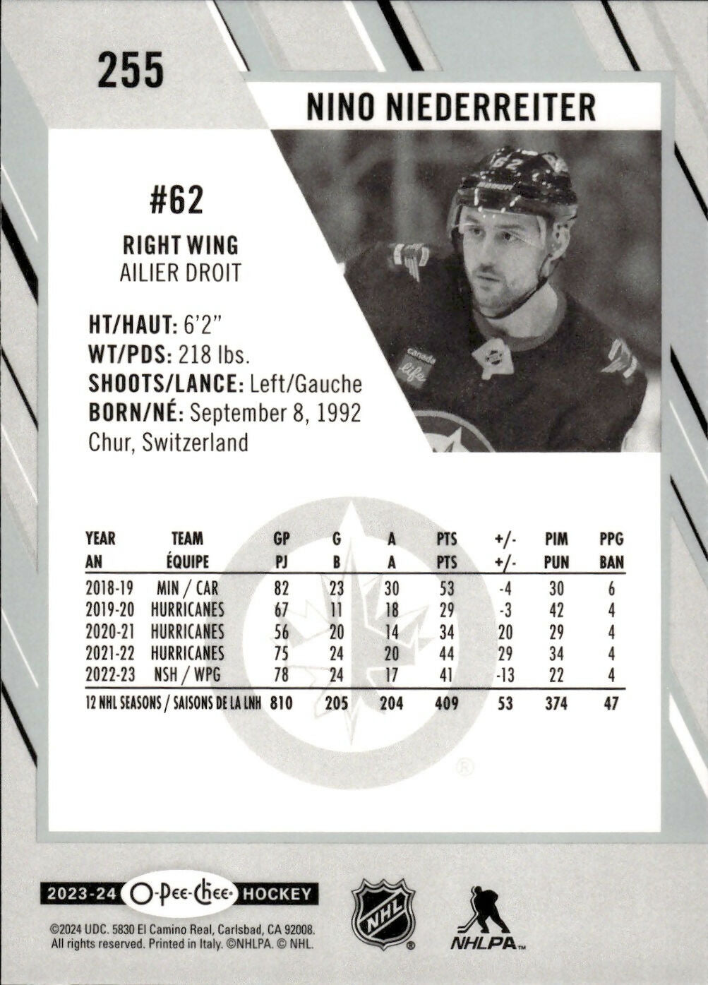 2023-24 Upper Deck O-Pee-Chee Hockey - Base #255 Nino Niederreiter - Winnipeg Jets