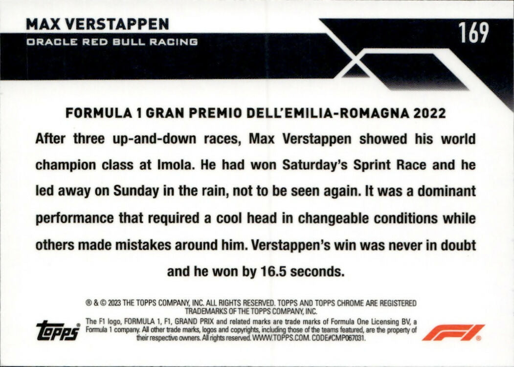 2023 Topps Chrome Formula 1 Base #169 - Grand Prix Driver Of The Day Max Verstappen - Oracle Red Bull Racing - B
