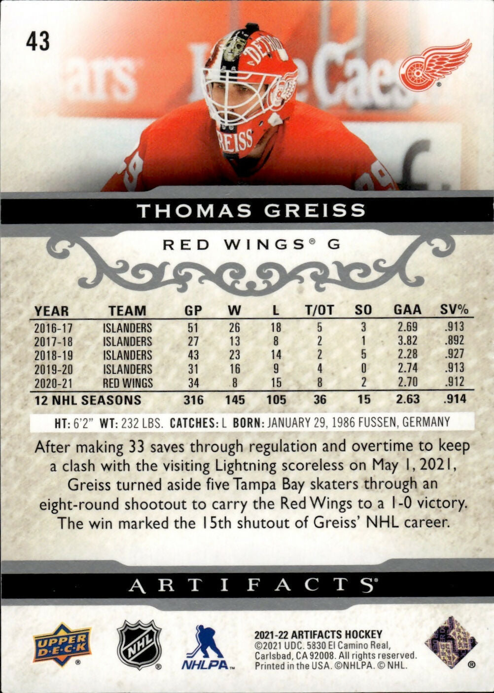 2021-22 Upper Deck Artifacts Hockey - Base #43 Thomas Greiss - Detroit Redwings