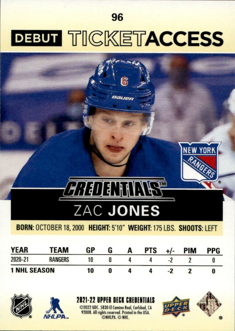 2021-22 Upper Deck Credentials - Base - Debut Ticket Access - Yellow :249 #96 Zac Jones - New York Rangers - B