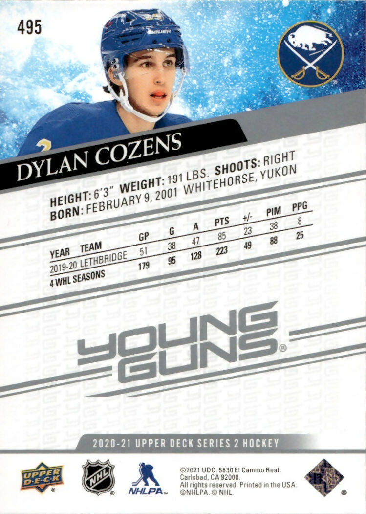 2020-21 Upper Deck Series 2 Hockey - Base - Young Guns #495 Dylan Cozens - Buffalo Sabres - B