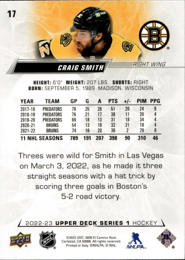 2022-23 Upper Deck Series 1 Hockey - Base #17 Craig Smith - Boston Bruins - B