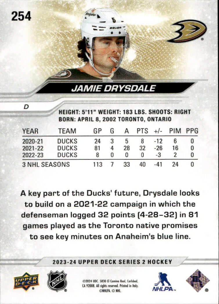 2023-24 Upper Deck Series 2 Hockey - Base #254 Jamie Drysdale - Anaheim Ducks - B