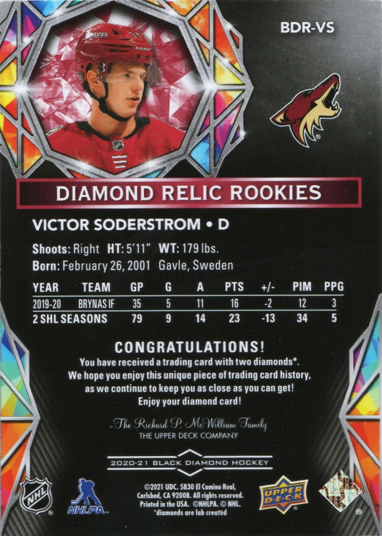 2020-21 Upper Deck Black Diamond - Diamond Relic Rookie Gems - Ruby :49 #BDR-VS Victor Soderstrom - Arizona Coyotes - B