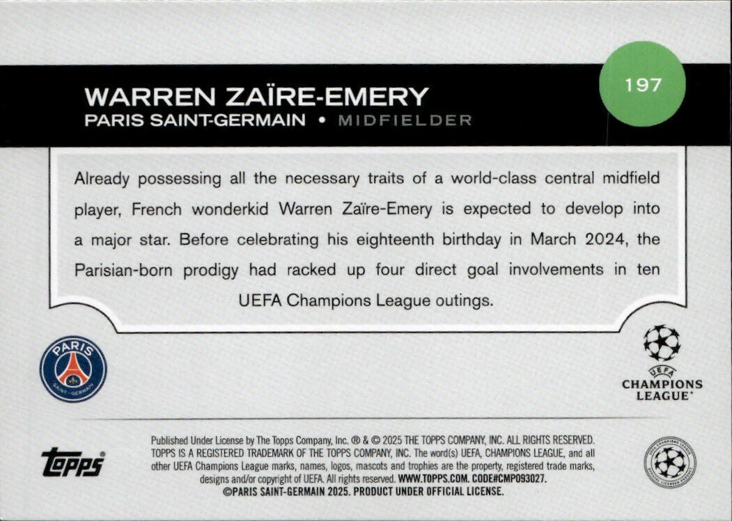 2024-25 Topps UEFA Club Competitions - Base #197 Warren Zaire-Emery - Paris Saint-Germain - B