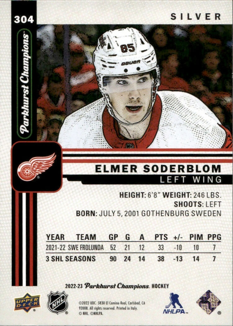 2022-23 Upper Deck Parkhurst Champions - Base - Silver #304 Elmer Soderblom - Detroit Red Wings - B