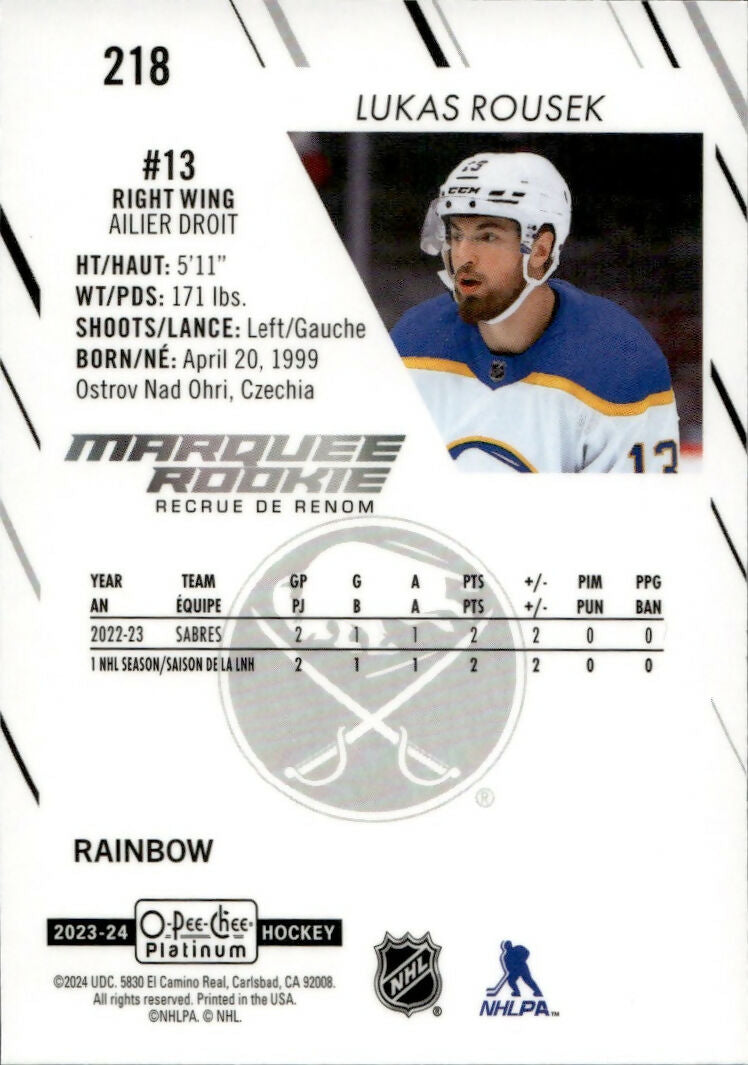 2023-24 Upper Deck O-Pee Chee Platinum Hockey - Base - Marquee Rookie - Rainbow #218 Lukas Rousek - Buffalo Sabres - B