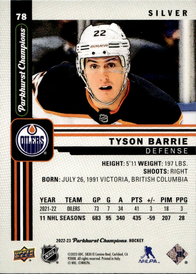 2022-23 Upper Deck Parkhurst Champions - Base - Silver #78 Tyson Barrie - Edmonton Oilers - B