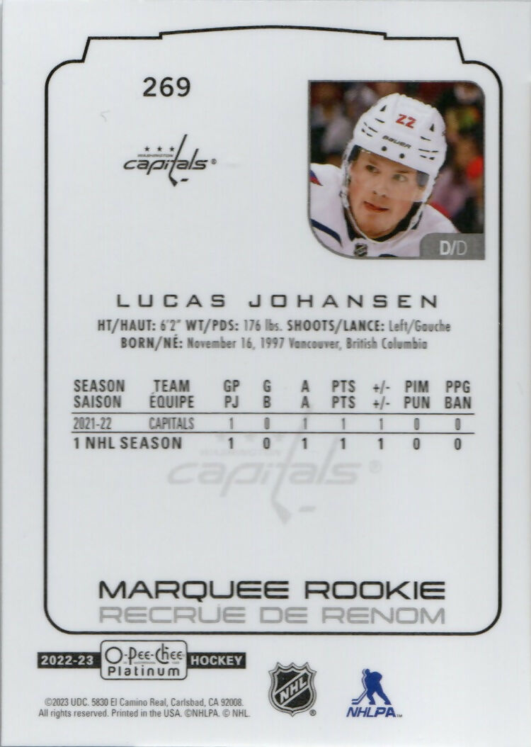 2022-23 Upper Deck O-Pee-Chee Platinum Hockey - Base - Marquee Rookie #269 Lucas Johanson - Washington Capitals