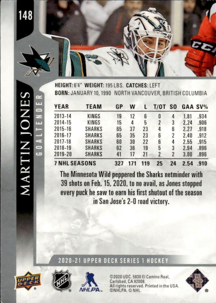 2020-21 Upper Deck Series 1 Hockey #148 Martin Jones - San Jose Sharks