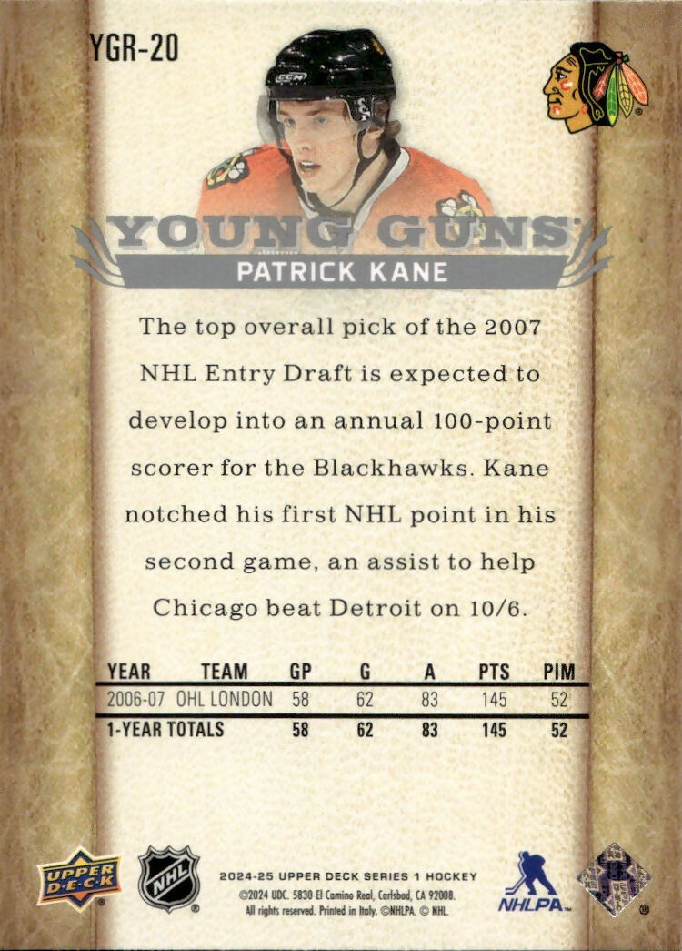 2024-25 Upper Deck Series 1 Hockey - Young Guns Renewed #YGR-20 Patrick Kane - Chicago Blackhawks - B
