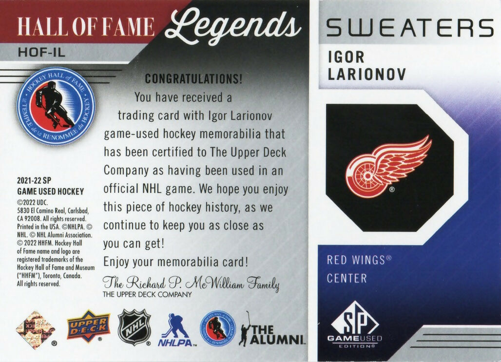 2021-22 Upper Deck SP Game Used Hockey - Hall of Fame Legends - Sweaters #HOF-IL Igor Larionov - Detroit Red Wings - B