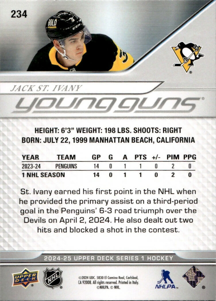 2024-25 Upper Deck Series 1 Hockey - Base - Young Guns #234 Jack St. Ivany - Pittsburgh Penguins - B
