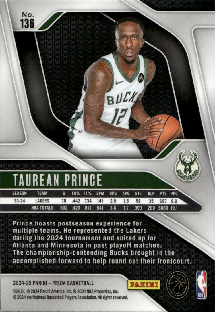 2024-25 Panini Prizm Basketball - Base #136 Taurean Prince - Milwaukee Bucks - B