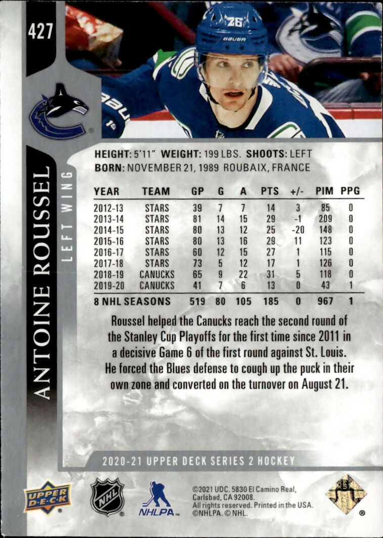 2020-21 Upper Deck Series 2 Hockey - Base #427 Antoine Roussel - Vancouver Canucks - B
