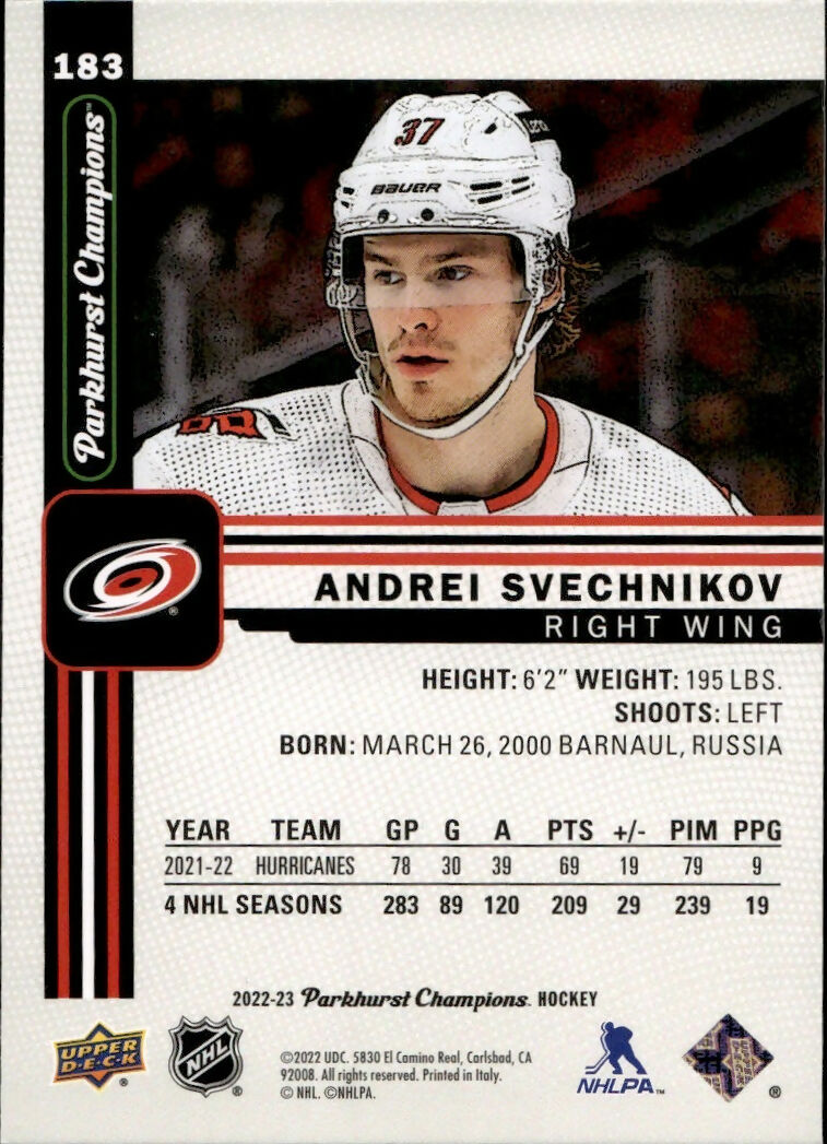 2022-23 Upper Deck Parkhurst Champions - Base #183 Andrei Svechnikov - Carolina Hurricanes - B