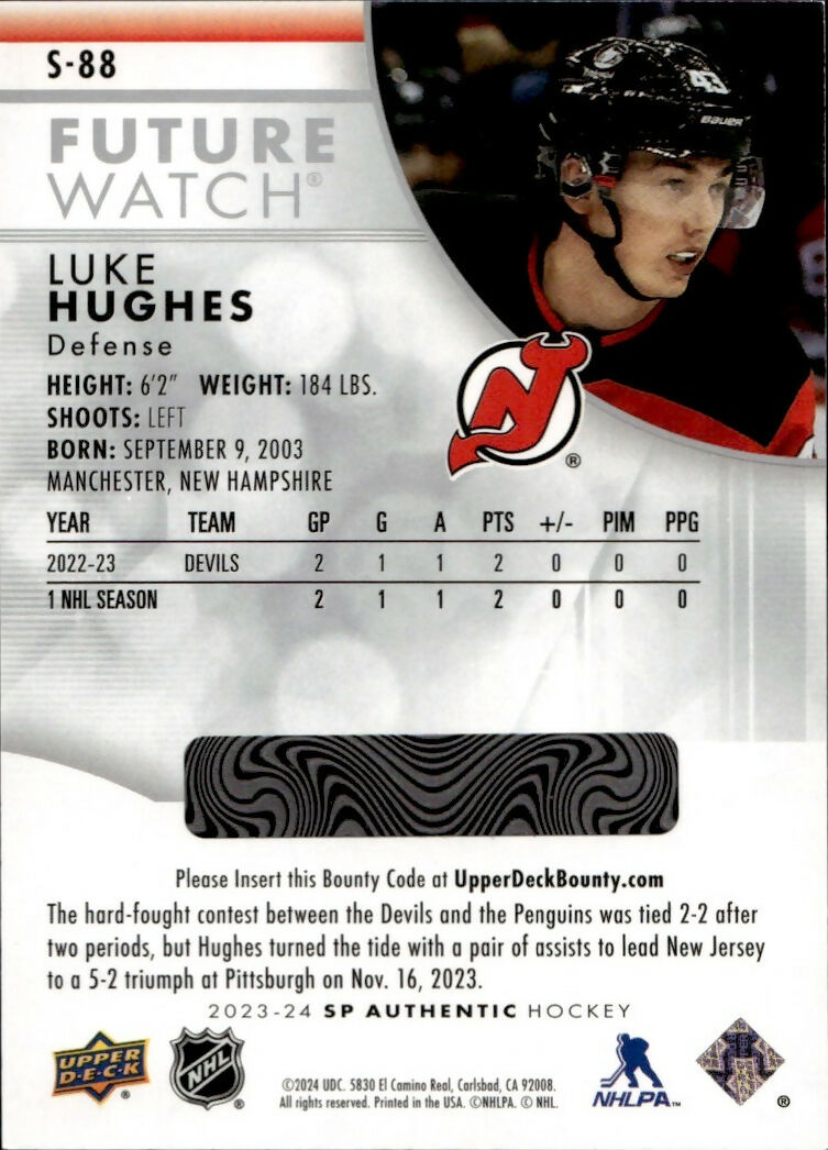 2023-24 Upper Deck SP Authentic Hockey - Future Watch - Spectrum FX #S-88 Luke Hughes - New Jersey Devils - B