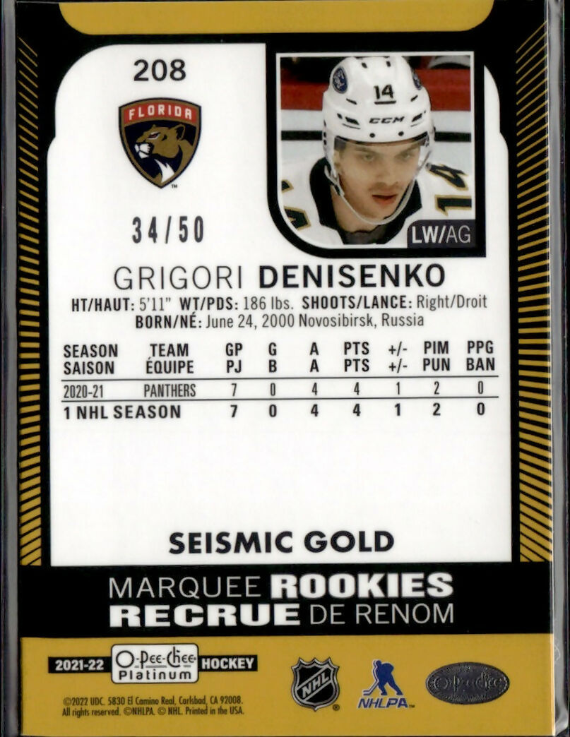 2021-22 Upper Deck O-Pee-Chee Platinum Hockey - Base - Marquee Rookies - Seismic Gold :50 #208 Grigori Denisenko - Florida Panthers - B