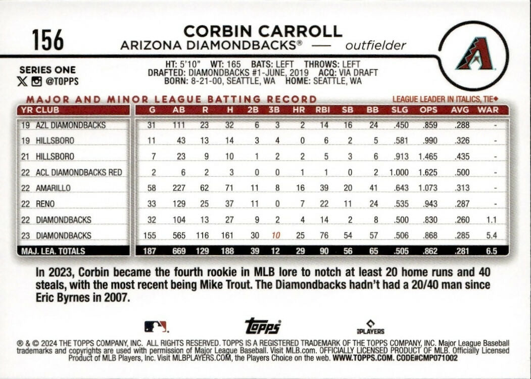 2024 Topps #156 Corbin Carroll Arizona Diamondbacks