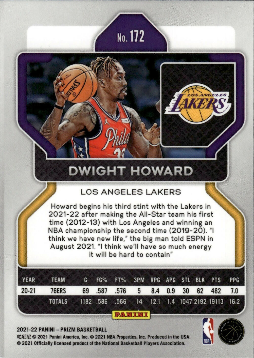 2021-22 Panini Prizm Basketball - Base # 172 Dwight Howard - Los Angeles Lakers