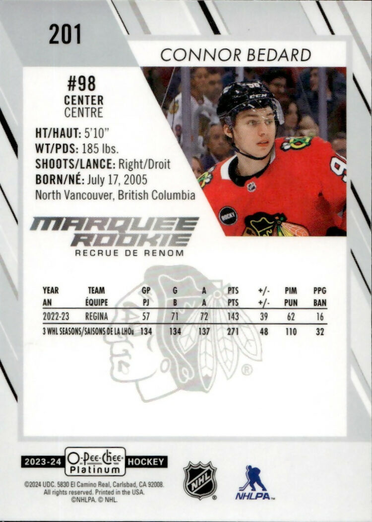 2023-24 Upper Deck O-Pee-Chee Platinum Hockey - Base - Marquee Rookie #201 Connor Bedard - Chicago Blackhawks - B
