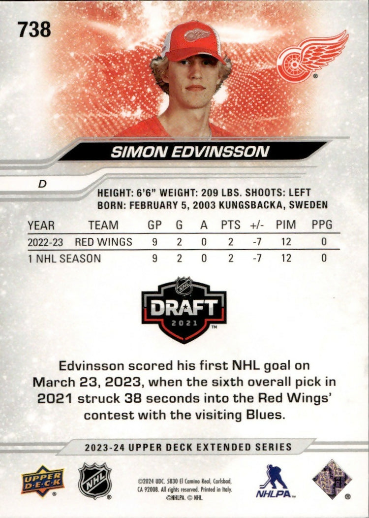 2023-24 Upper Deck Extended Series Hockey - Base - 1st Round Rookies #738 Simon Edvinsson - Detroit Red Wings -