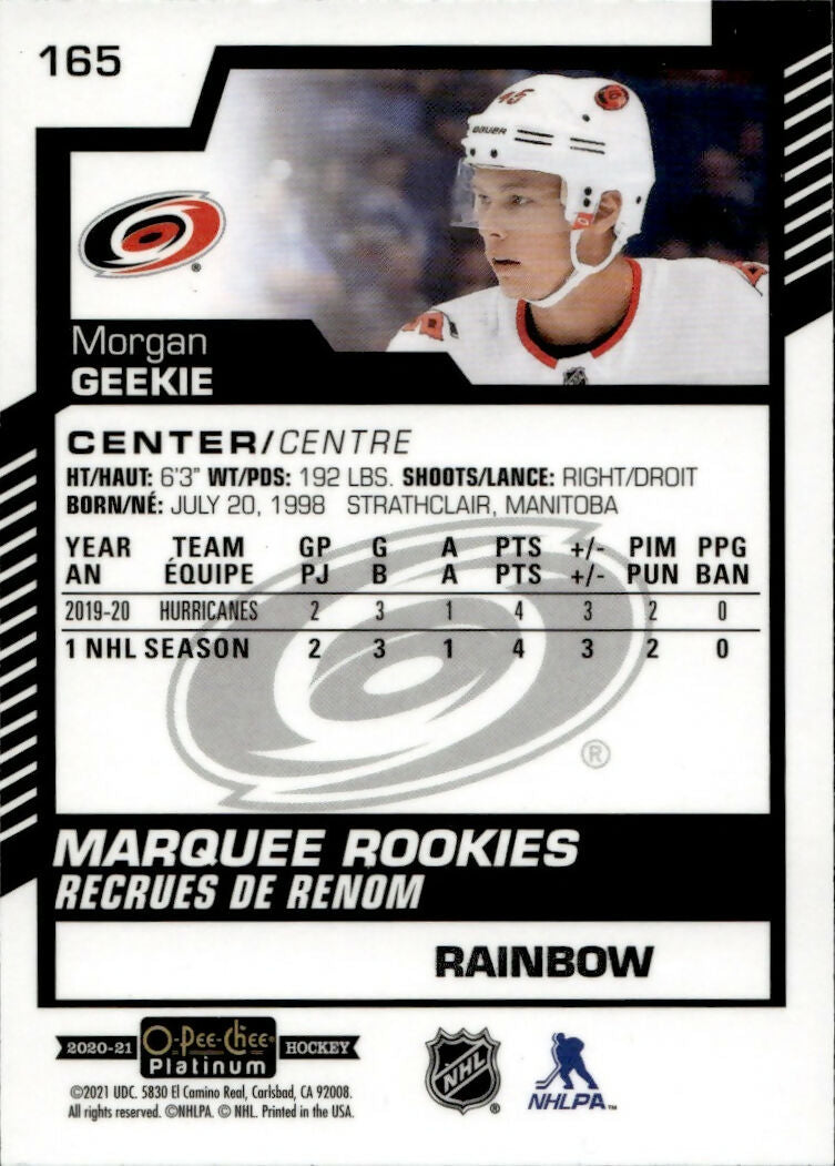 2020-21 Upper Deck O-Pee-Chee Platinum - Base - Marquee Rookie - Rainbow #165 Morgan Geekie - Carolina Hurricanes - B