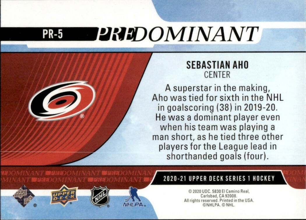2020-21 Upper Deck Series 1 Hockey - Predominant #PR-5 Sebastian Aho - Carolina Hurricanes