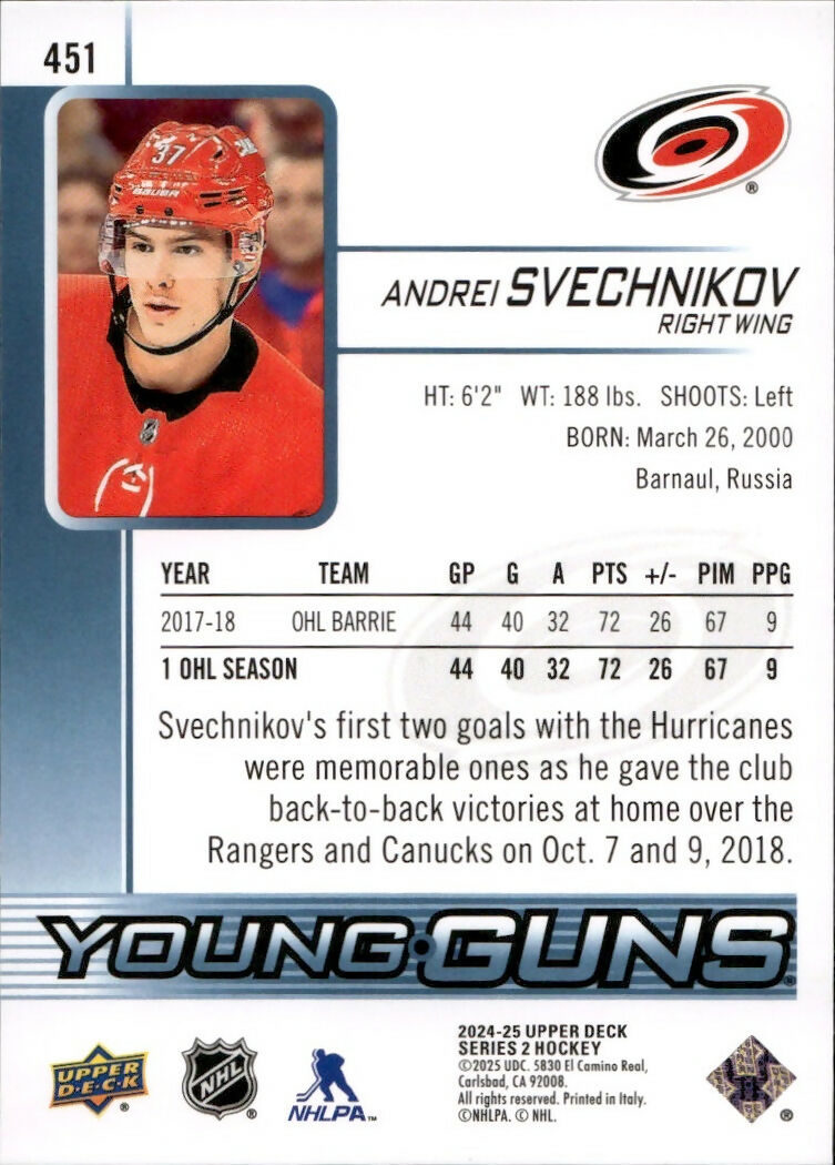 2024-25 Upper Deck Series 2 Hockey - Young Guns Renewed #451 Andrei Svechnikov - Carolina Hurricanes - B
