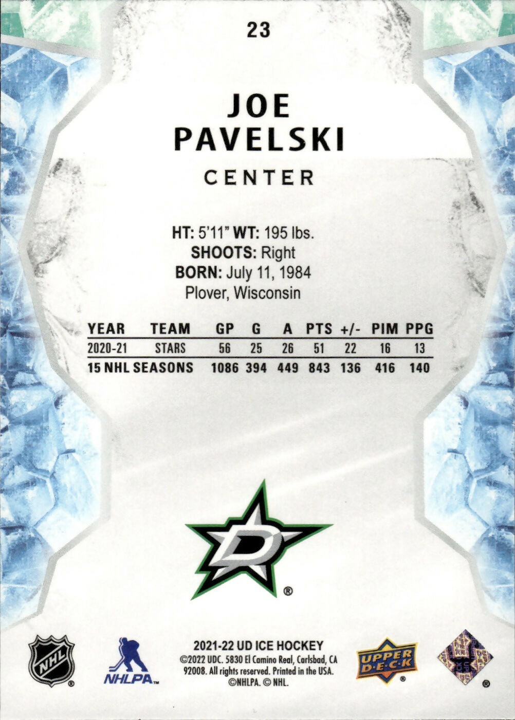 2021-22 Upper Deck Ice Hockey - Base - Green #23 Joe Pavelski - Dallas Stars