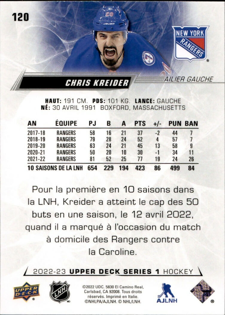2022-23 Upper Deck Series 1 Hockey - Base #120 Chris Kreider - New York Rangers - B