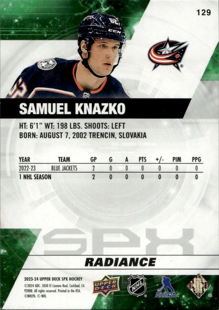 2023-24 Upper Deck SPX Hockey - Base - Radiance :100 #129 Samuel Knazko - Columbus Blue Jackets - B