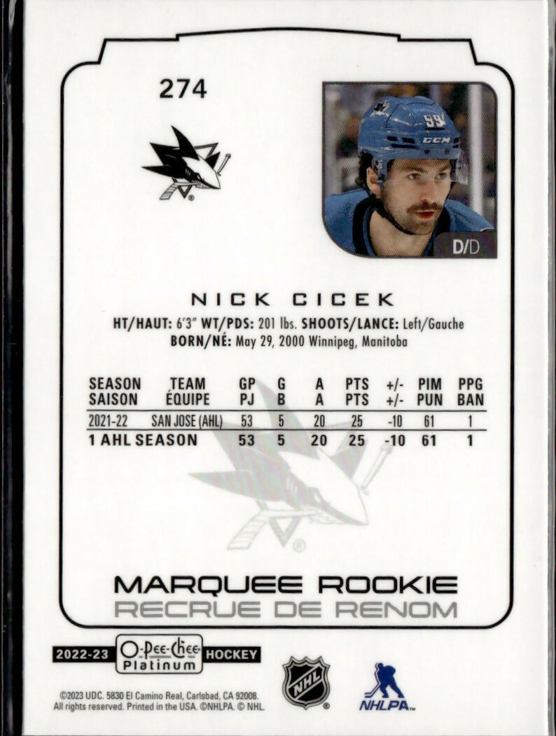 2022-23 Upper Deck O-Pee-Chee Platinum Hockey - Base - Marquee Rookie #274 Nick Cicek - San Jose Sharks - B