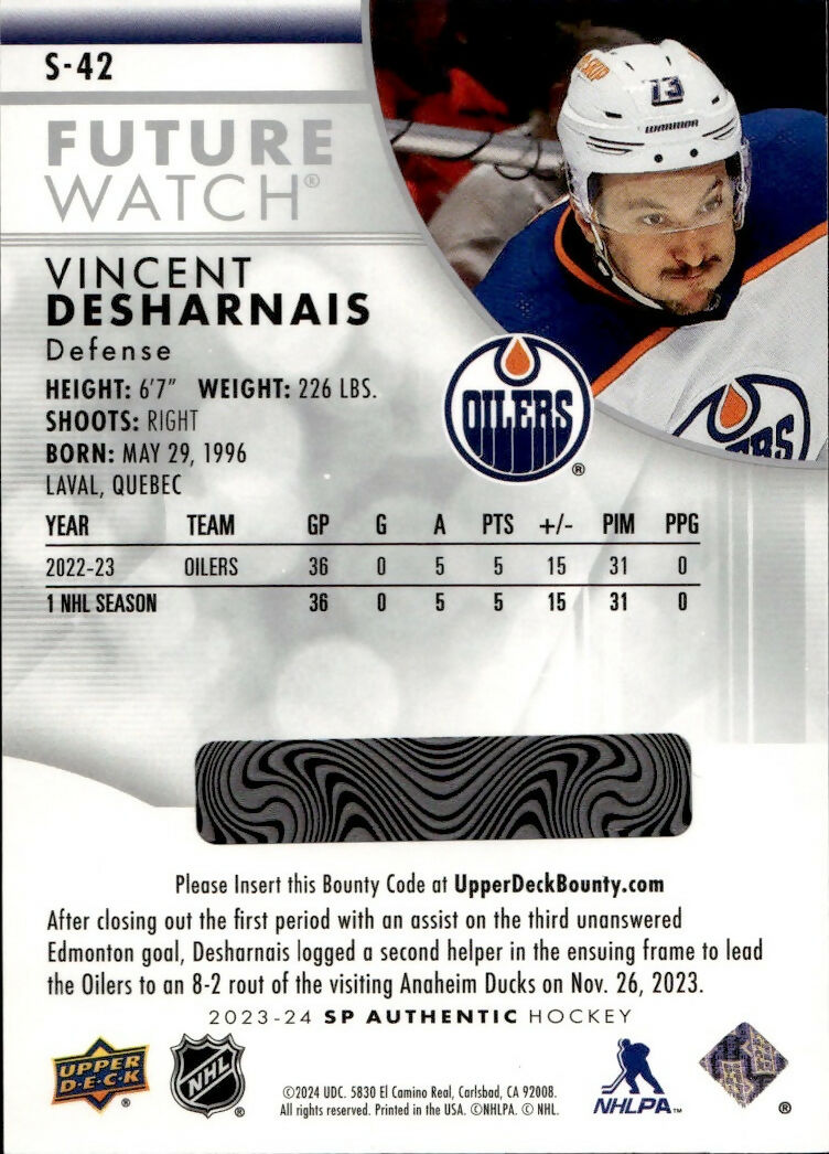 2023-24 Upper Deck SP Authentic Hockey - Future Watch - Spectrum FX #S-49 Vincent Desharnais - Edmonton Oilers - B
