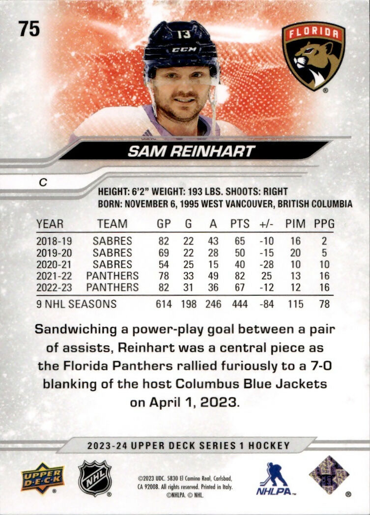 2023-24 Upper Deck Series 1 Hockey - Base #75 Sam Reinhart - Florida Panthers - B